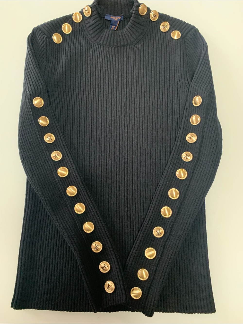 Authentic Louis Vuitton 2022 Ribbed Sweater with Gold Logo Buttons (SZ L)
